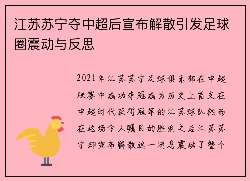 江苏苏宁夺中超后宣布解散引发足球圈震动与反思 江苏苏宁夺中超后宣布解散引发足球圈震动与反思