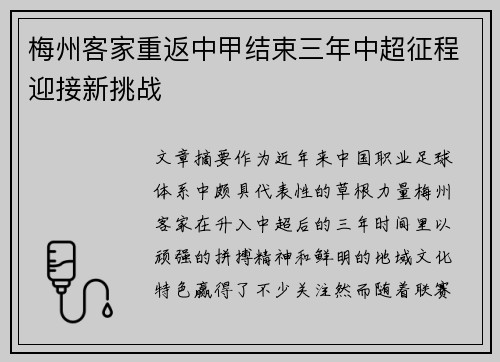 梅州客家重返中甲结束三年中超征程迎接新挑战 梅州客家重返中甲结束三年中超征程迎接新挑战