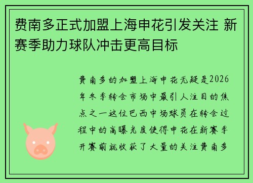 费南多正式加盟上海申花引发关注 新赛季助力球队冲击更高目标 费南多正式加盟上海申花引发关注 新赛季助力球队冲击更高目标